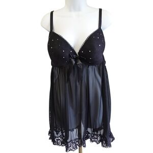 True Desire Vtg Y2K Black Lace Rhinestone Babydoll Chemise Teddy Lingerie 2X